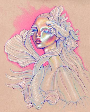 Surreal portrait of a woman with fish and floral elements glowing in neon pink.