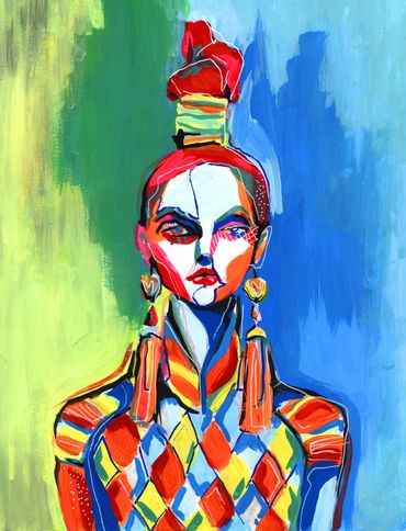 Colorful abstract portrait of a woman with geometric patterns and bold colors.