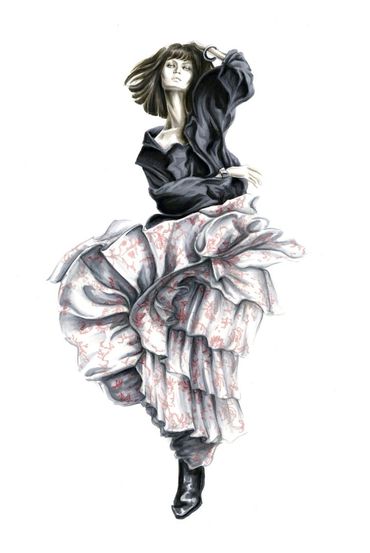 Fashion illustration of a woman in layered skirt and dark top.