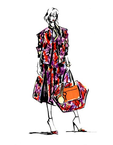 Fashion illustration of a woman in a colorful patterned outfit with a matching handbag.