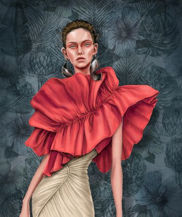 Fashion illustration of a woman in a dramatic red ruffled top and beige skirt.