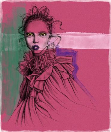 Expressive fashion illustration with bold colors and intricate details.
