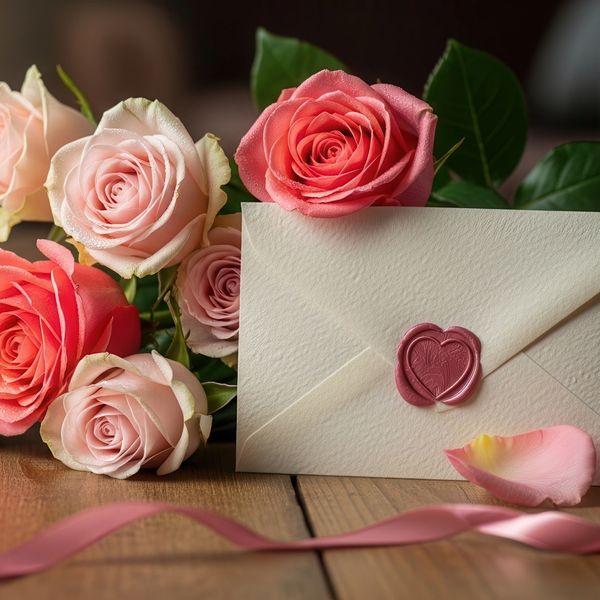 Elegant roses surround a sealed letter with a wax heart stamp on a wooden table.