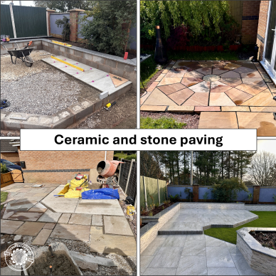 Four images showing different stages and styles of ceramic and stone paving projects in gardens.