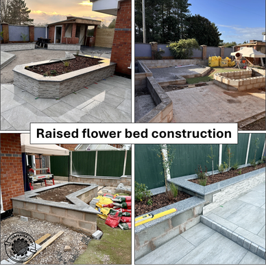 Raised flower bed construction process in four stages.