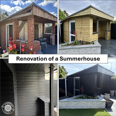 Step-by-step renovation of a summerhouse from old brick to modern painted wood.