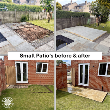 Before and after images of small patio renovations.