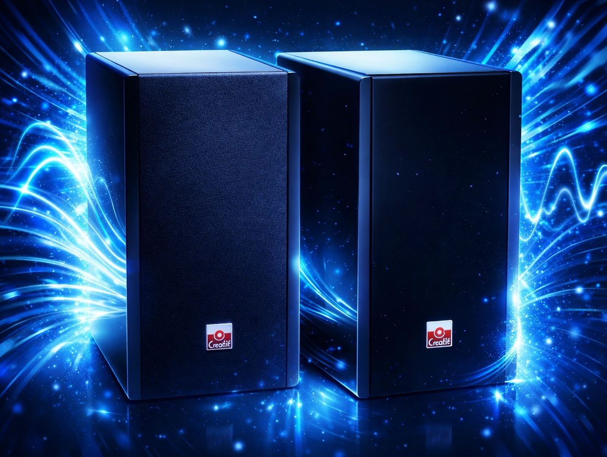 Two Creative brand black speakers with glowing blue sound waves background.
