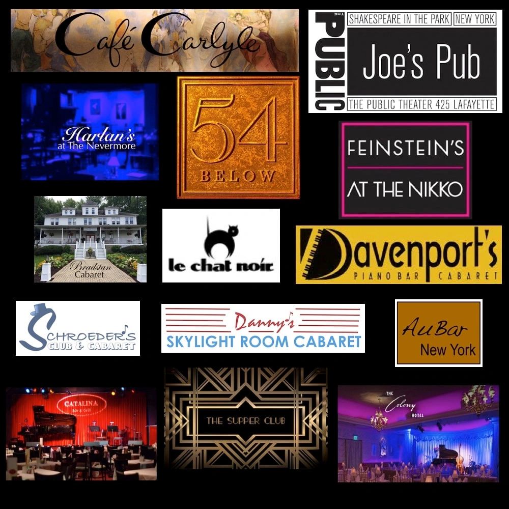 Fourteen signs of cabarets where Andrea Marcovicci performed like Cafe Carlyle, and Joe's Pub 