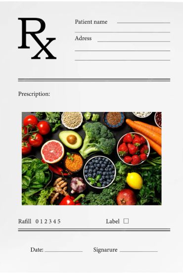 Prescription form with a photo of fresh fruits and vegetables.