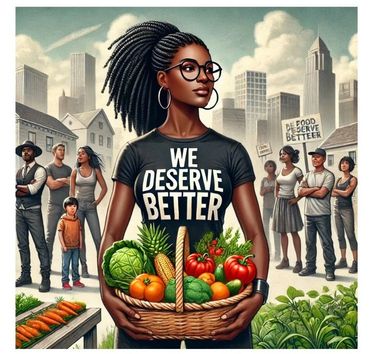 Woman in a 'We Deserve Better' shirt holding a basket of vegetables.