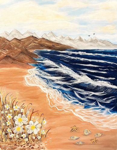 A serene beach scene with waves, daisies, shells, and distant mountains.
