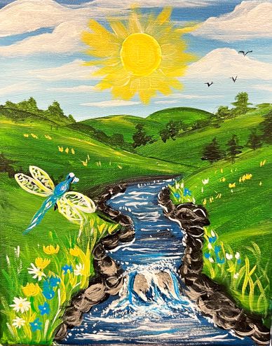 Bright sun over a green landscape with a stream and a dragonfly.