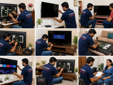 TV technician repairing and consulting a customer.