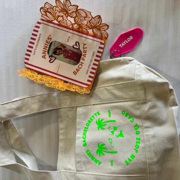Bachelorette party tote bag and party invitation with keys.