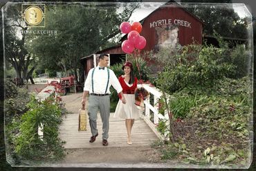 Retro inspired photo of man and woman walking at a farm