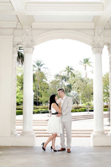 Photo of  a man and woman in a loving embrace in Balboa park, San Diego Ca. 