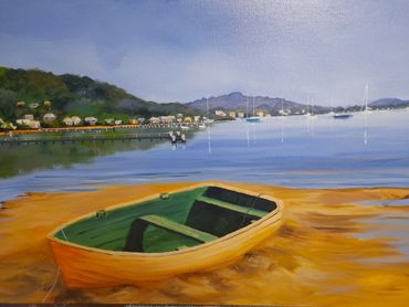 painting of a dinghy on the beach with the bay in the background