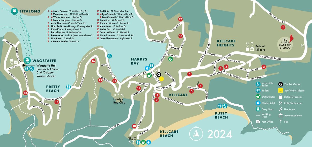 image of BOUDDI PENINSUL ARTS TRAIL 2024 map with artist's directory and sponsor locations