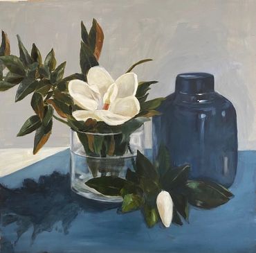 still life painting of flowers in glass and blue vase