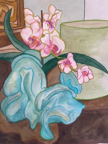 Watercolor painting of pink orchids with green leaves.