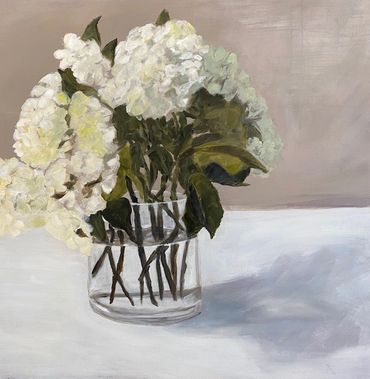 still life painting of white flowers in clear vase