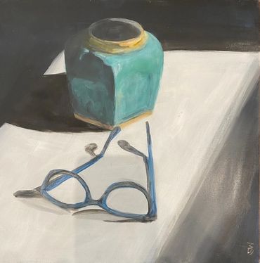 still life painting of glasses and vase