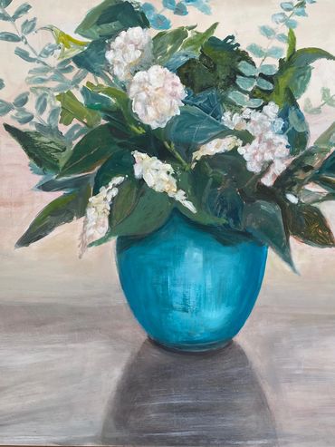 still life painting of white flowers and foliage in blue vase