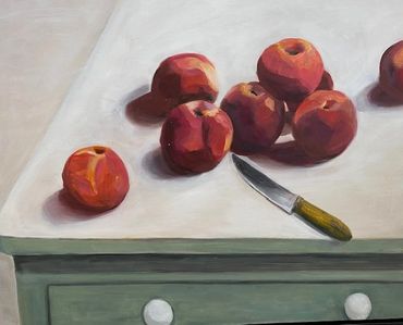 still life painting of fruit and knife