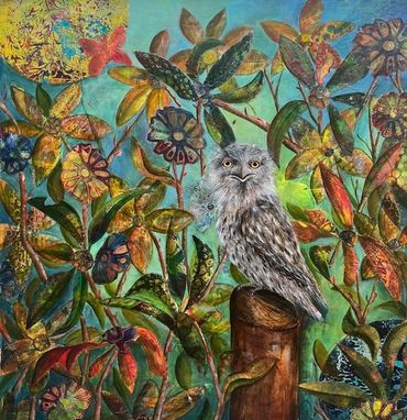 artwork of tawny frogmouth, foliage and flowers