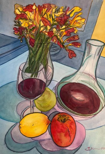Still life painting with flowers, wine, and fruit.
