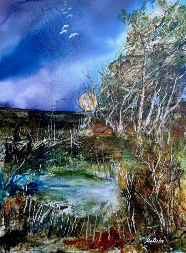 Landscape painting with birds and full moon.