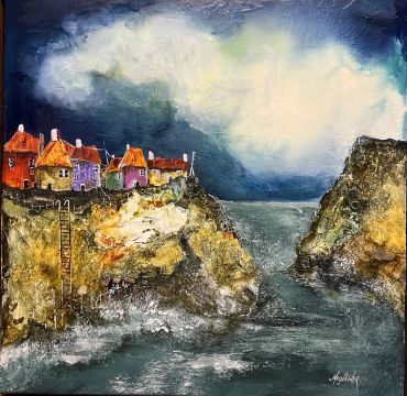 Colorful houses on rocky cliffs by stormy sea.