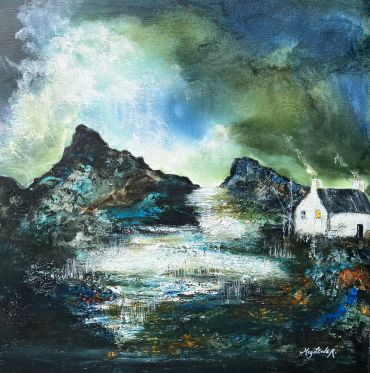A surreal painting of mountains and a house at night.