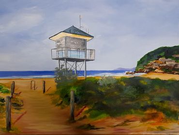 painting of life guards tower at beach