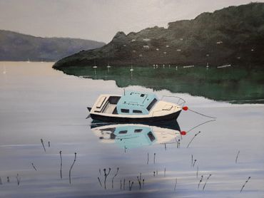 painting of moored boat in a bay