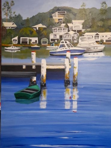 painting of boats and wharf with houses behind