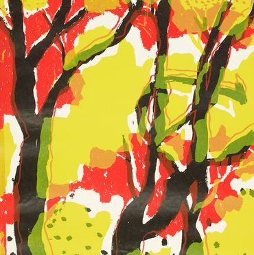 close up of abstract print in red and yellow