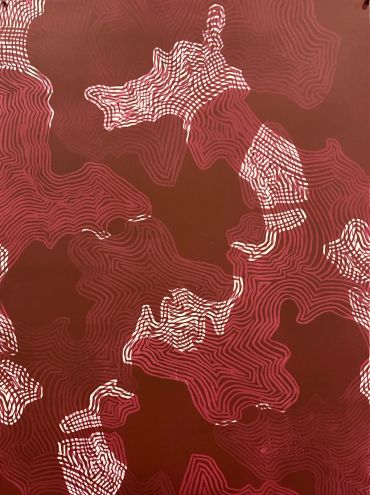 Abstract red and white topographic pattern.