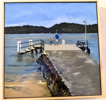Painting of two people fishing on a pier by a lake.