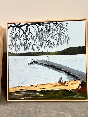 Painting of a lakeside pier with two people on the shore.
