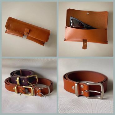 four leather pieces including belts and holder for sunglasses