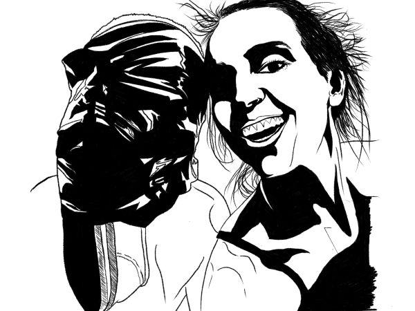 BW sketch  of  a caucasian non-binary human who has a messy bun. They are smiling  next to a submiss