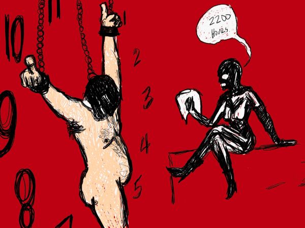 Sketch art of a brown submissive male wearing a mask. He is chained up to a 24hour clock. 