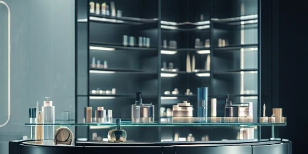 A sleek display of various cosmetic products on a modern glass shelf.