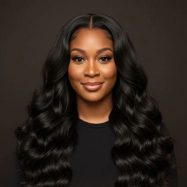 Woman with long, wavy black hair and a confident smile.