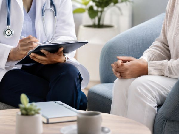 Doctor consulting with a patient in a comfortable office setting.