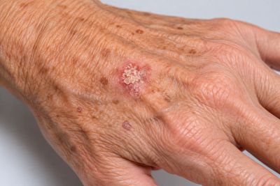 Skin lesion on an elderly hand.