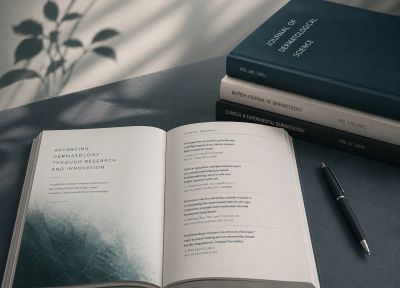 An open dermatology research book beside a pen and stacked books.