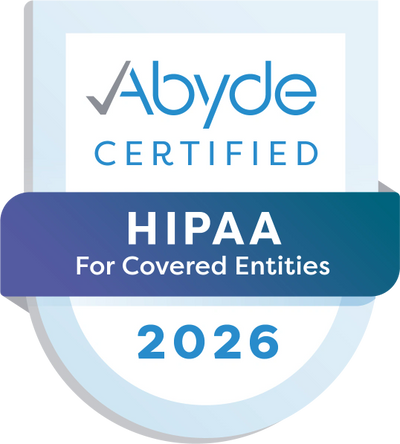 A badge showing Abyde certification for HIPAA compliance in 2026.